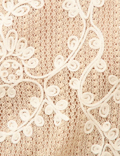 T-shirt brod&eacute; col rond manches 3/4 beige femme