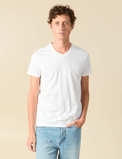 T-shirt ajust&eacute; col v manches courtes blanc homme