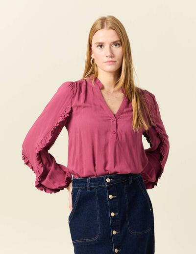 Blouse manches longues volants vieux rose femme
