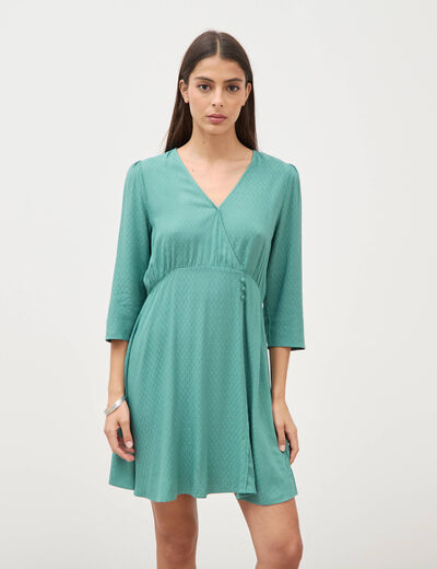 Robe manches longues col v vert femme