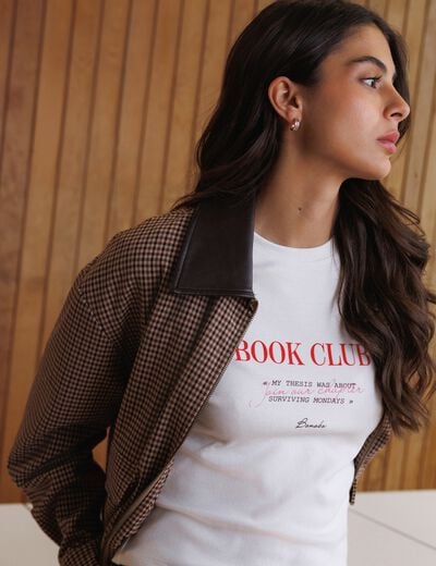 T-shirt cintr&eacute; col rond manches courtes ecru femme