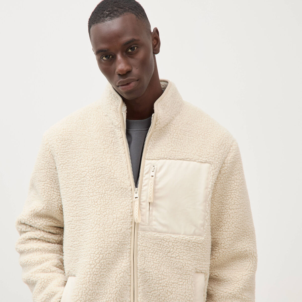 Veste droite sherpa col montant sable homme
