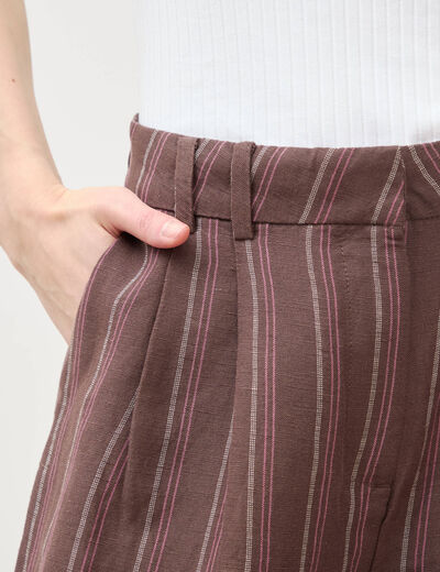 Pantalon large taille haute ray&eacute; marron chocolat femme