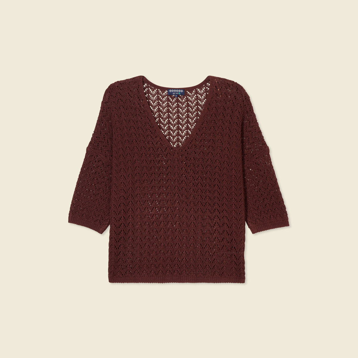 Pull manches 3/4 ajouré bordeaux femme