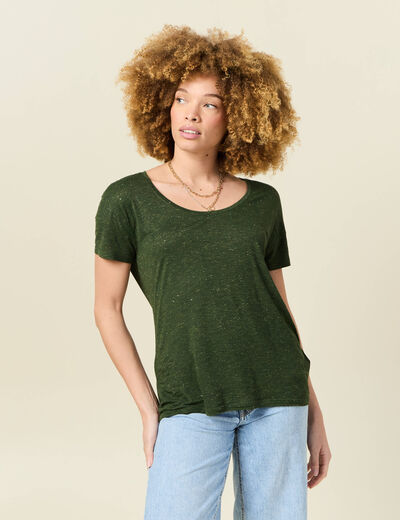T-shirt manches courtes brillant vert kaki femme