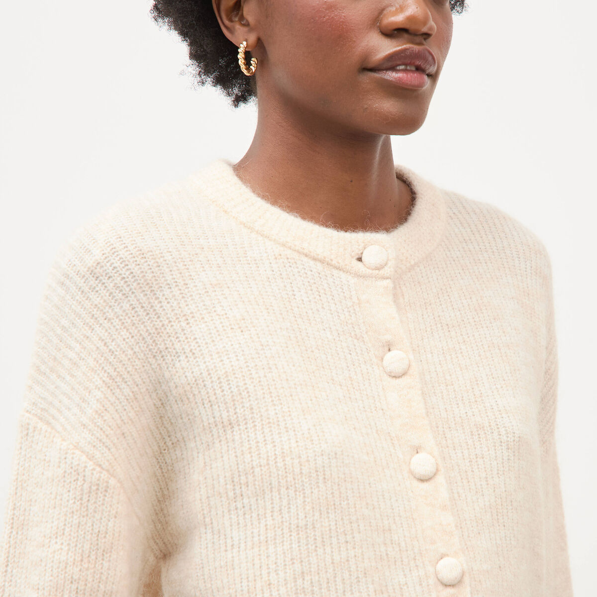 Gilet manches longues col rond beige femme