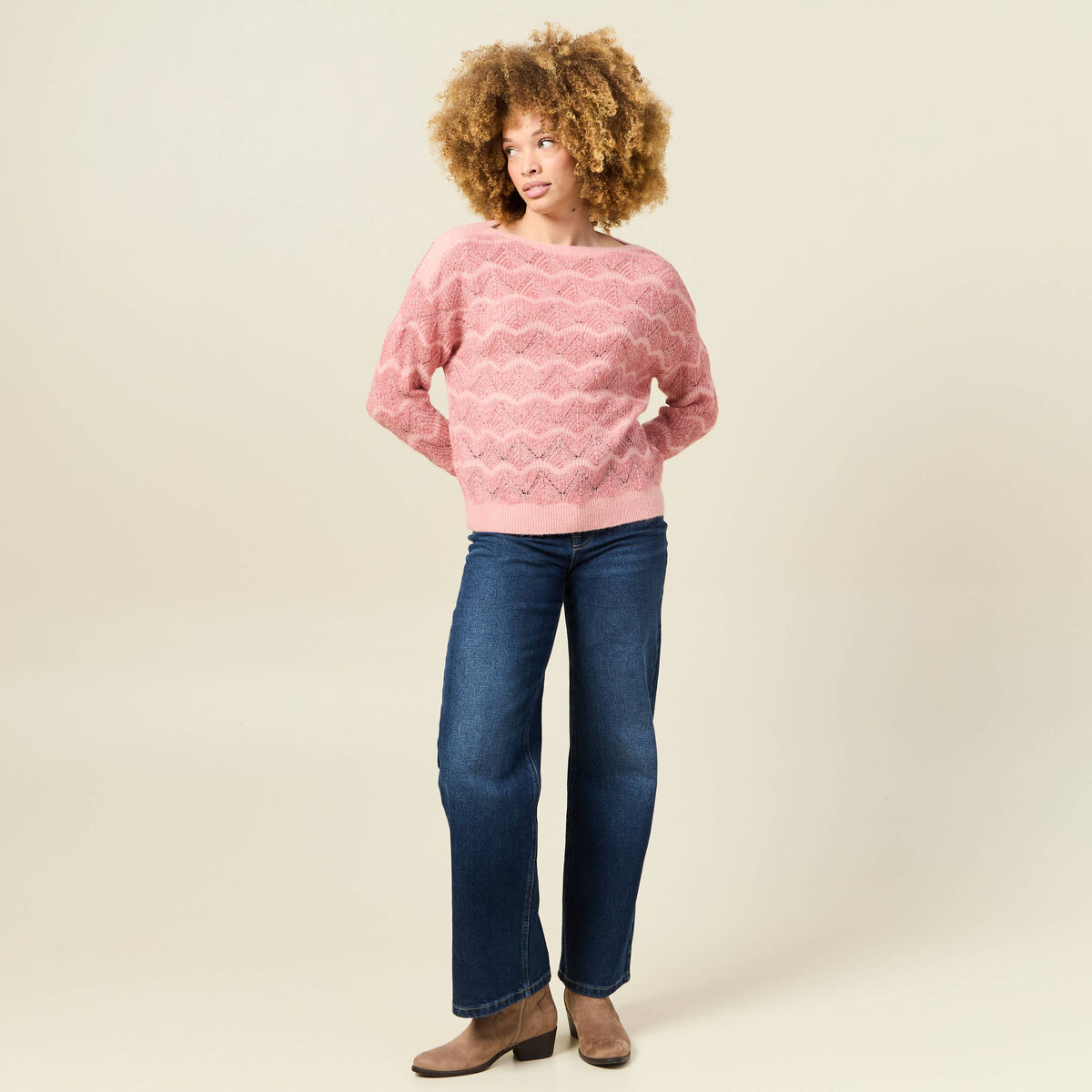 Pull manches longues ajouré rose saumon femme