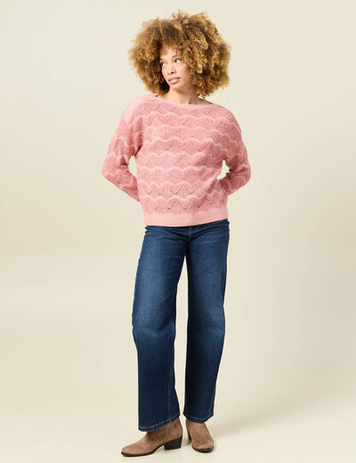 Pull manches longues ajouré rose saumon femme
