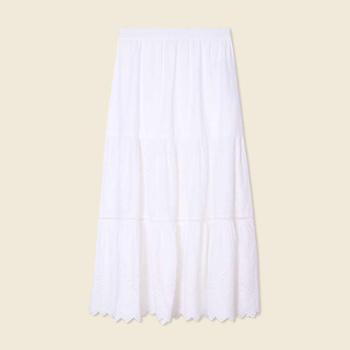 Jupe longue droite brodée ecru femme