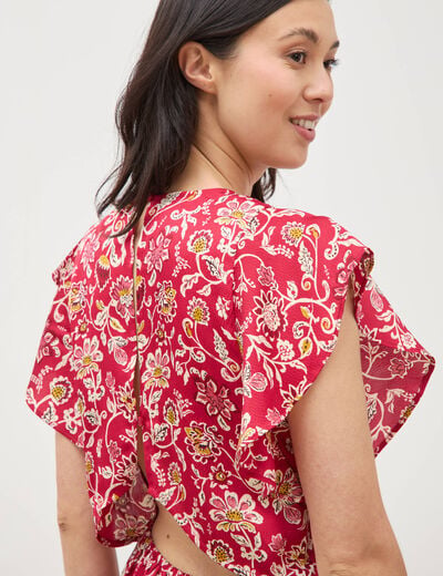 Robe fluide col v manches courtes rouge cerise femme