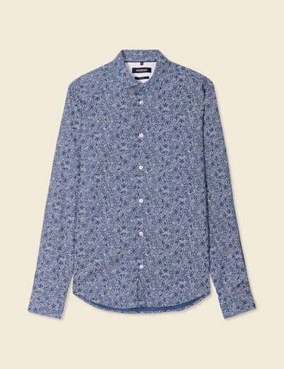 Chemise cintr&eacute;e en coton manches longues bleu marine homme