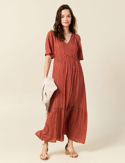 Robe longue évasée fluide orange foncé femme