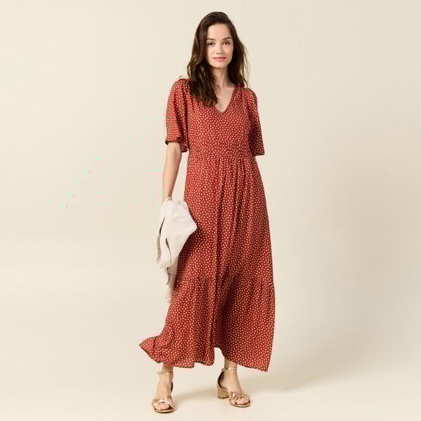 robe longue evasee fluide orange fonce femme Robe longue évasée fluide orange foncé femme
