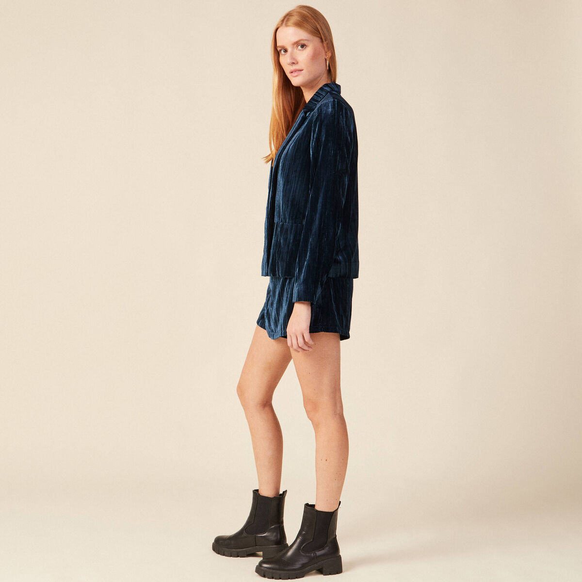Tailleur droit court manches longues bleu canard femme