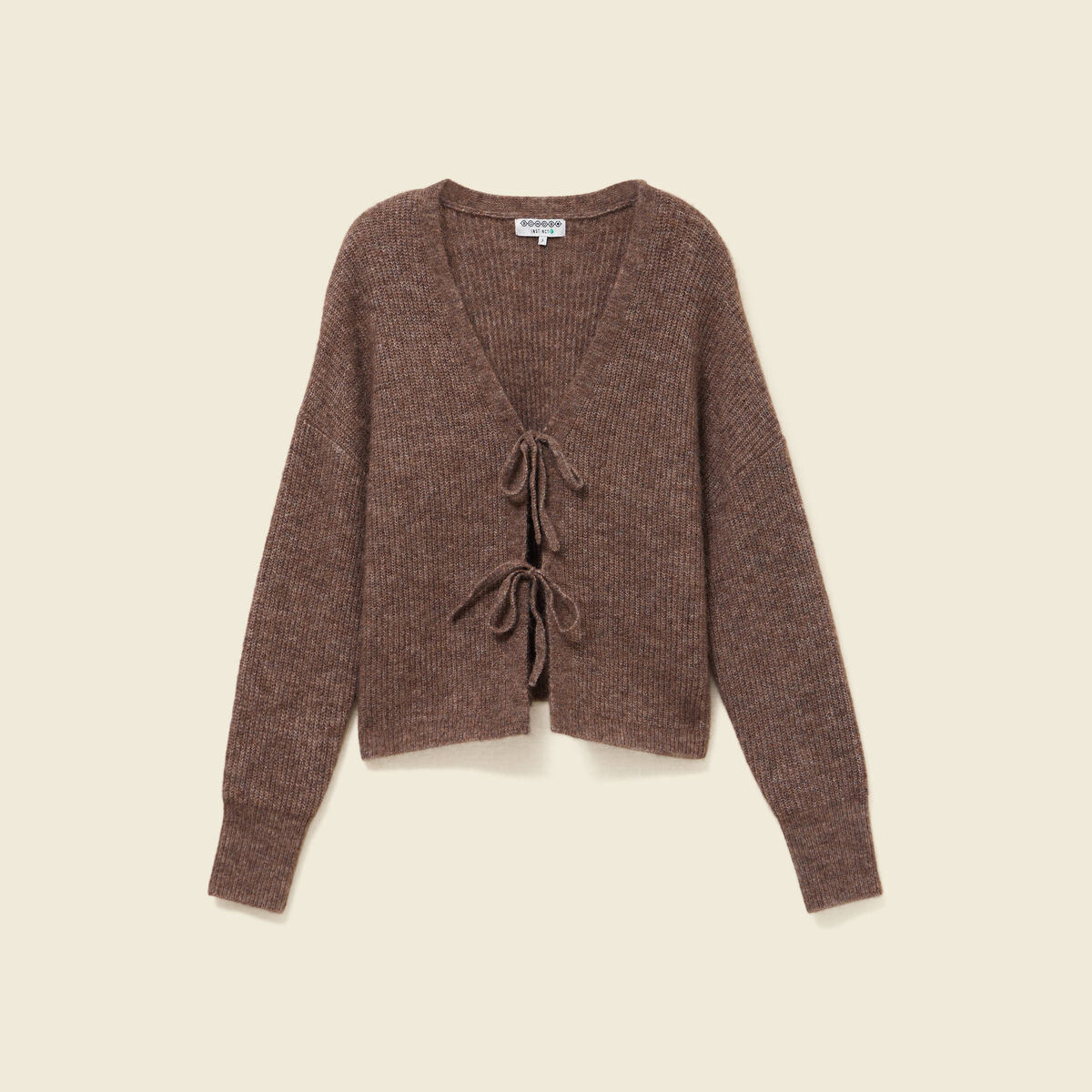 Gilet col V manches longues n&oelig;uds marron femme