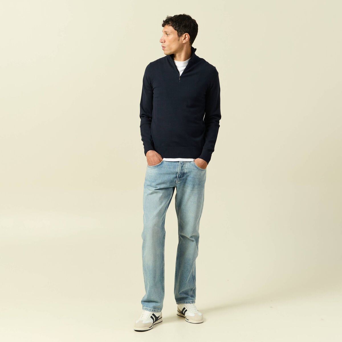 Pull fin col camionneur manches longues bleu marine homme