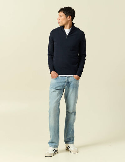 Pull fin col camionneur manches longues bleu marine homme