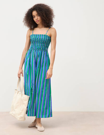 Robe bretelles col carr&eacute; en coton bleu femme