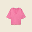 T-shirt col v manches courtes en coton rose framboise femme