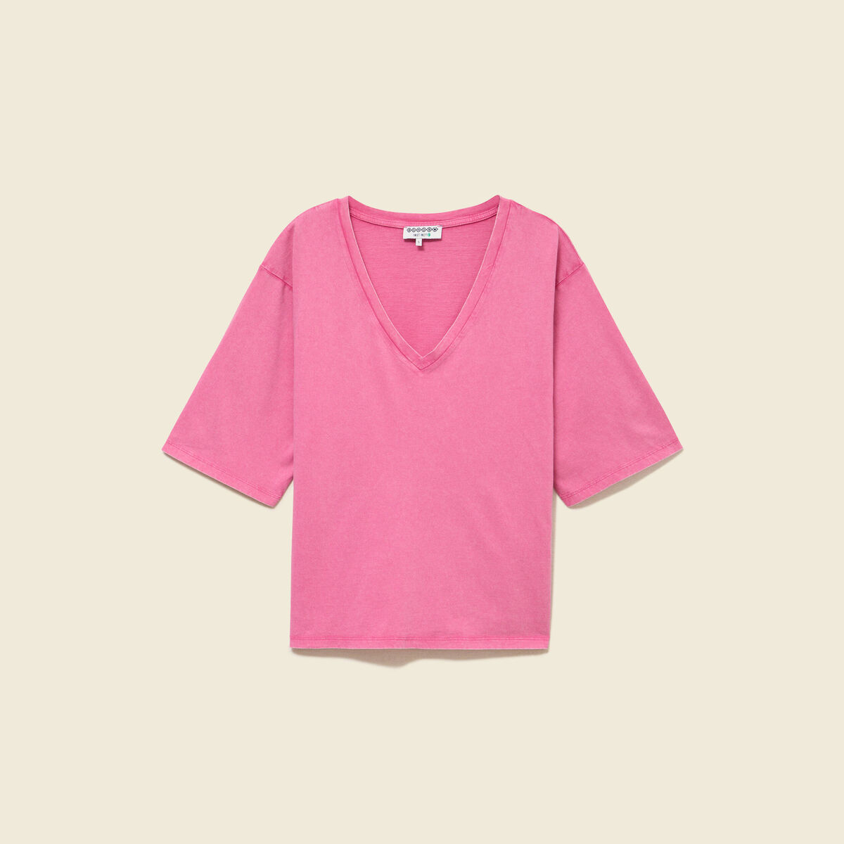 T-shirt col v manches courtes en coton rose framboise femme