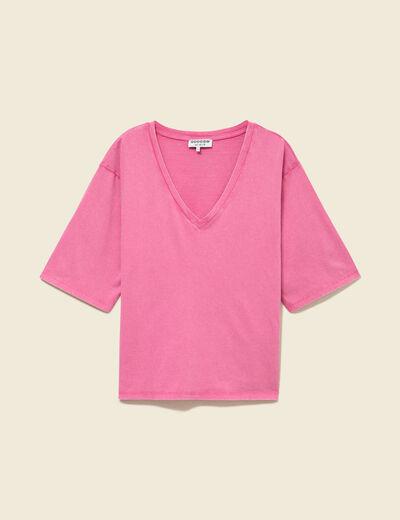 T-shirt col v manches courtes en coton rose framboise femme
