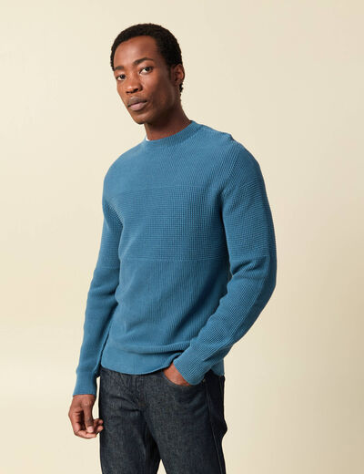 Pull col rond manches longues en coton bleu gris homme
