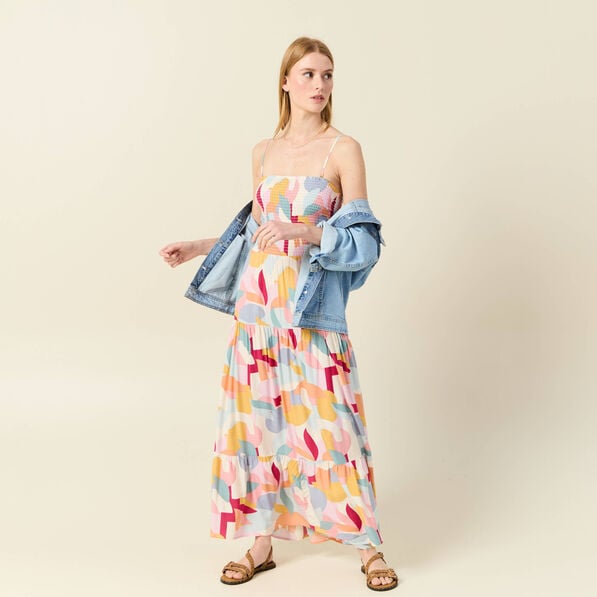 Robe longue évasée col bustier creme femme