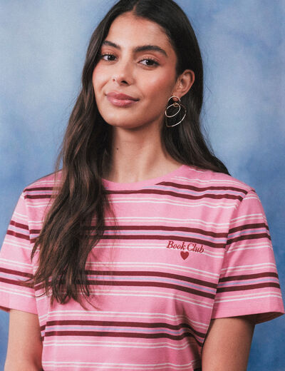 T-shirt ray&eacute; col rond manches courtes vieux rose femme