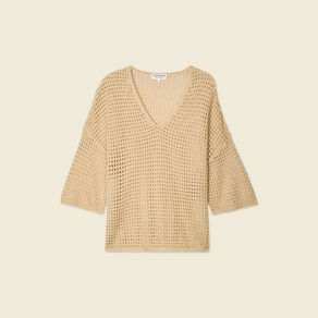 Pull manches courtes ajouré creme femme
