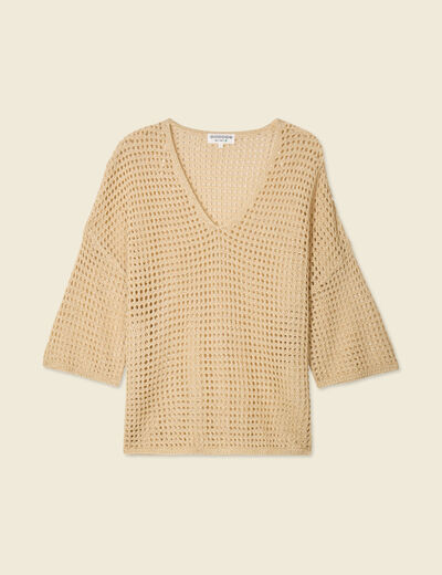 Pull manches courtes ajouré creme femme