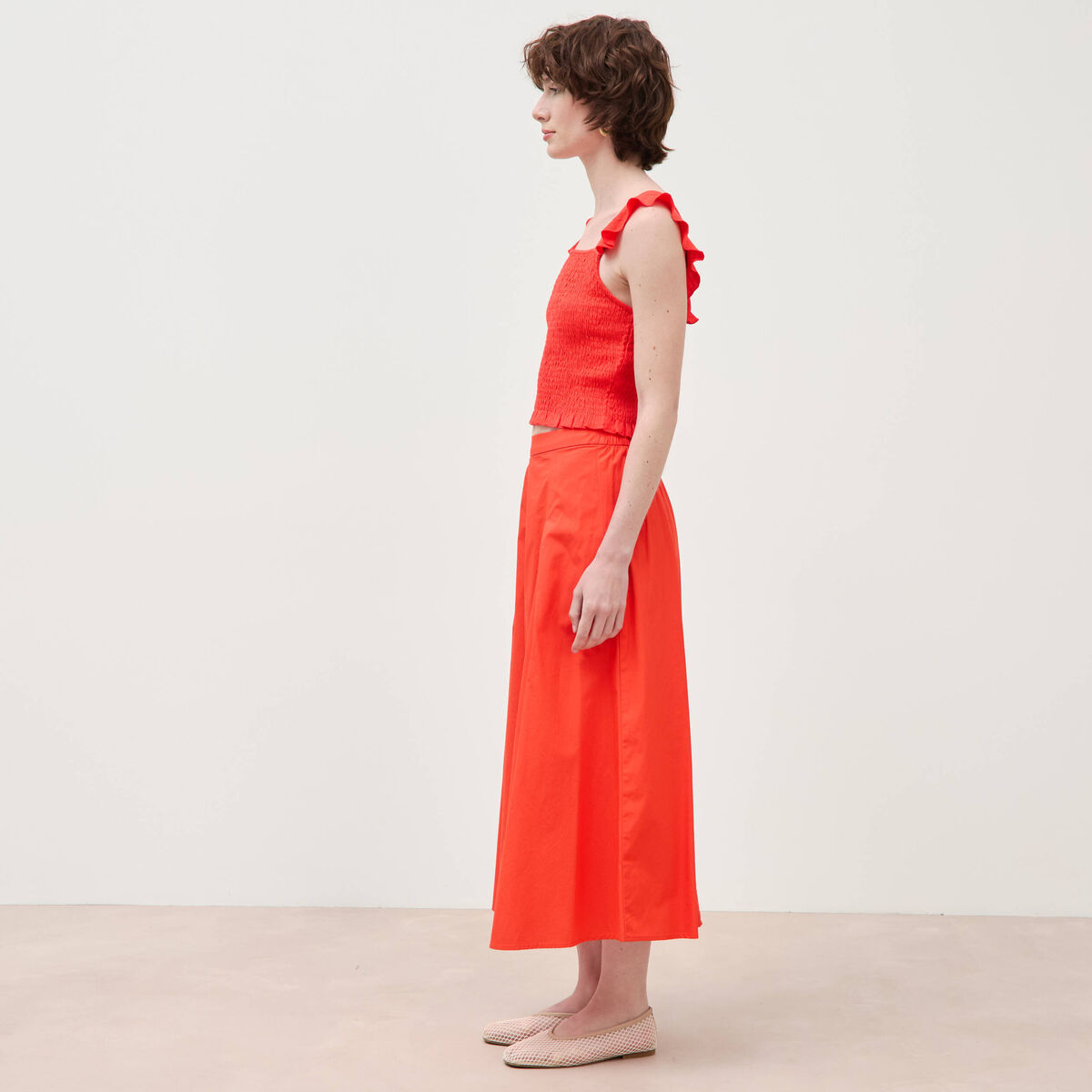 Jupe longue &eacute;vas&eacute;e en coton ray&eacute; orange fonc&eacute; femme