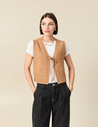 Gilet sherpa droit sans manches beige femme