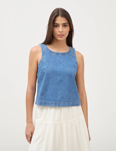 Top col rond sans manches denim used femme
