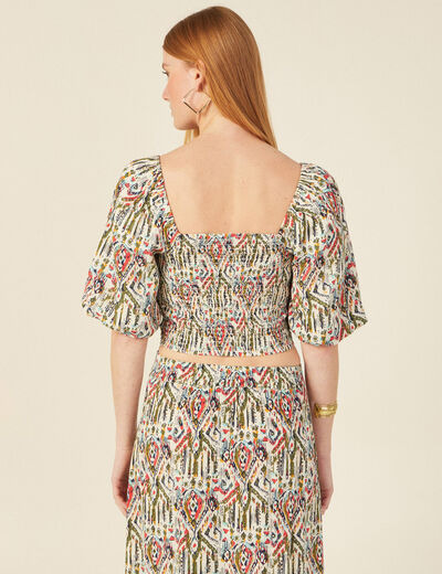 Blouse manches courtes smockée multicolore femme