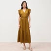 Robe fluide col v manches courtes vert olive femme