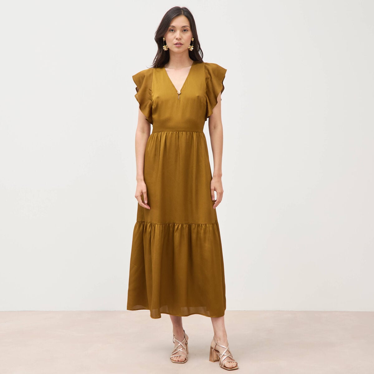 Robe fluide col v manches courtes vert olive femme