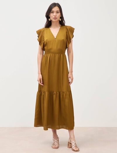 Robe fluide col v manches courtes vert olive femme