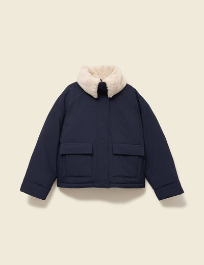 Manteau droit court col classique bleu fonc&eacute; femme
