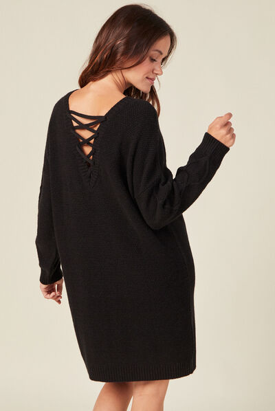 Robe pull droite torsades noir femme
