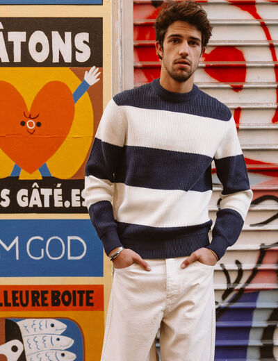 Pull fin ray&eacute; manches longues col rond bleu marine homme