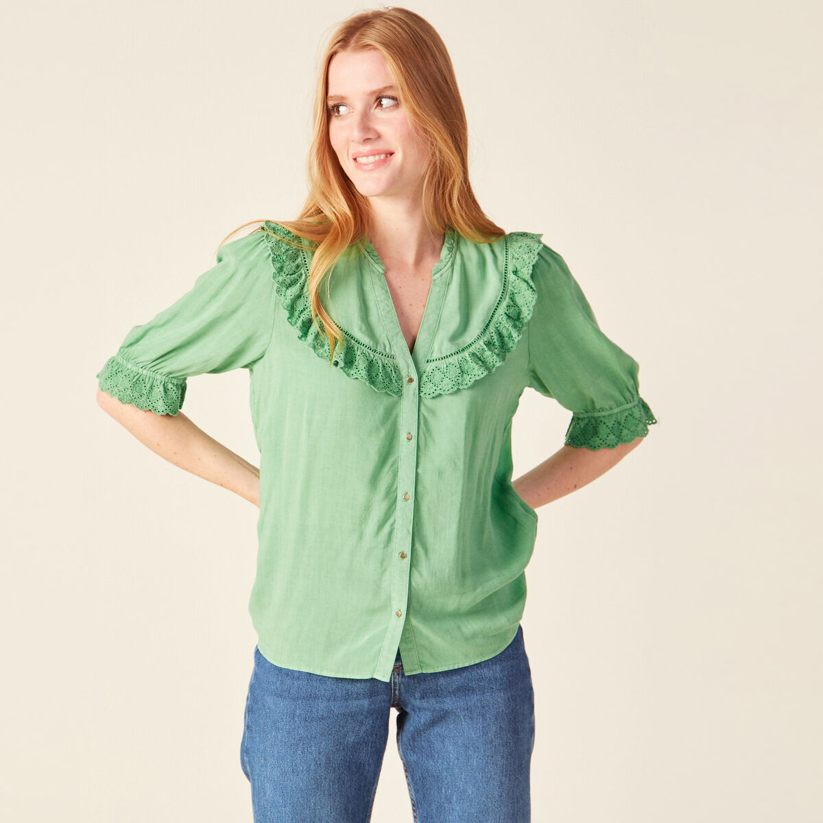 Chemise manches 3/4 vert clair femme