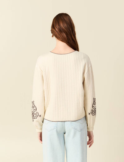 Cardigan droit court col rond brod&eacute; ivoire femme