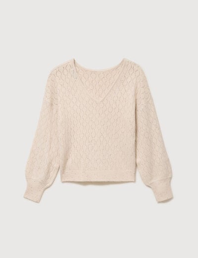 Pull oversize col v manches longues creme femme