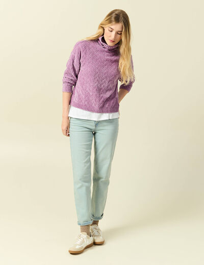 Pull col roul&eacute; manches longues mauve femme