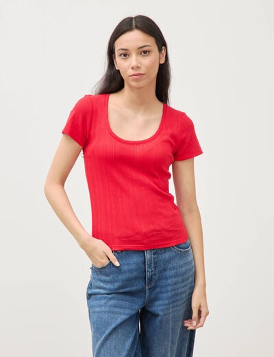 T-shirt ajust&eacute; col rond manches courtes rouge femme