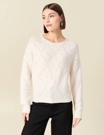 Pull manches longues col rond brillant ecru femme