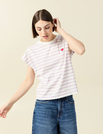 T-shirt ray&eacute; col rond manches courtes creme femme