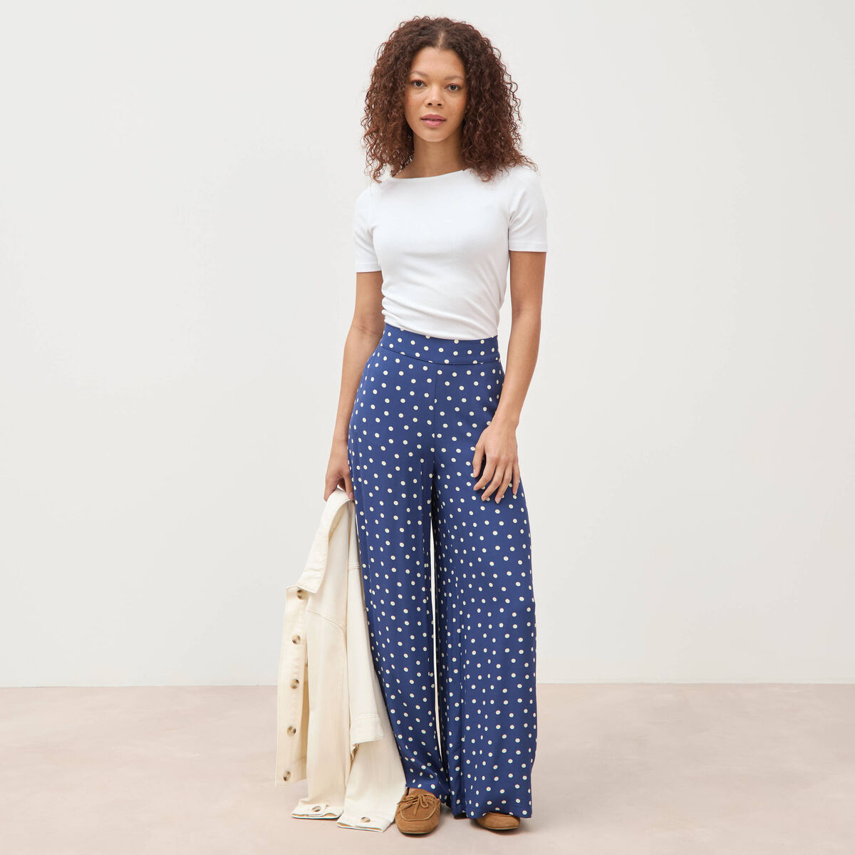 Pantalon large taille haute bleu marine femme
