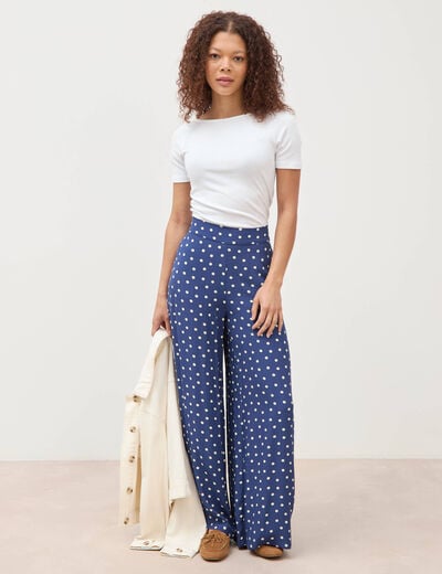 Pantalon large taille haute bleu marine femme