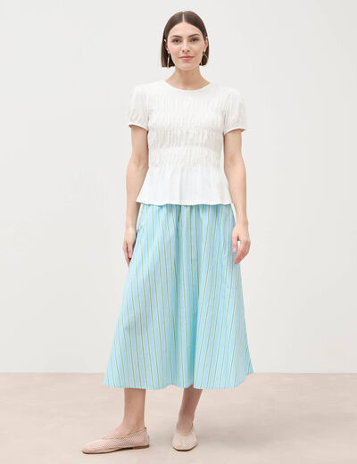 T-shirt fronc&eacute; col rond manches courtes ecru femme